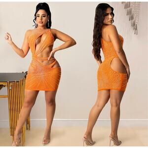 🦋B2G1🦋WESTERN FASHION One-Shoulder Rhinestone Mesh Hollow Out Mini Dress & Panty